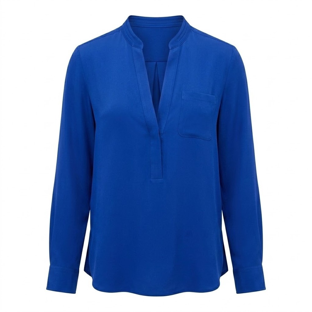 Vince Royal Blue Silk Spandex Split V-Neck Blouse Shirt Size 6 Pocket